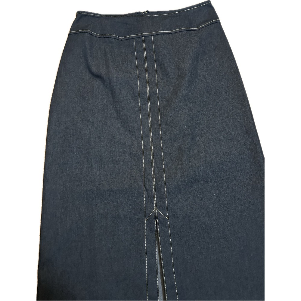 Premiere Collection Dark Wash Denim Maxi Skirt Front Slit Contrast Stitch Size 6